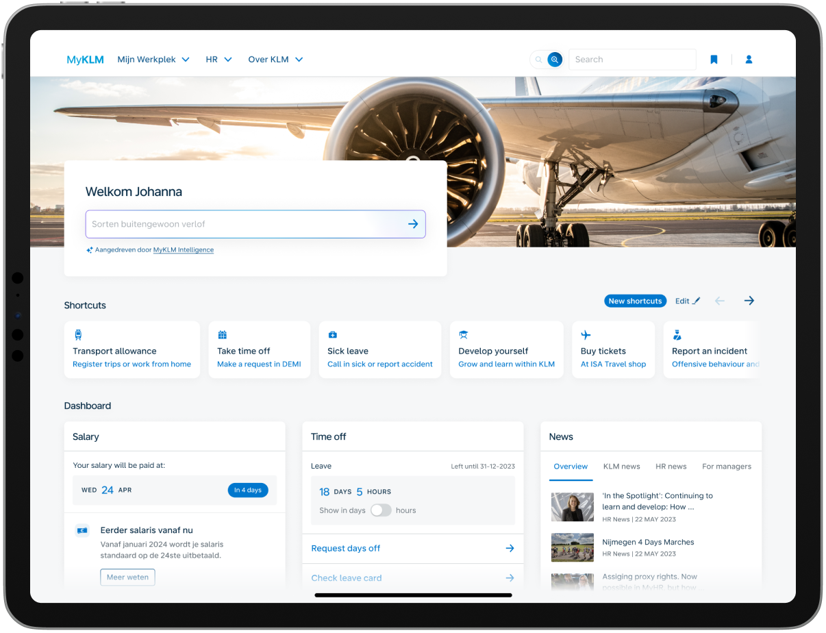 iPad with KLM employee platform UI